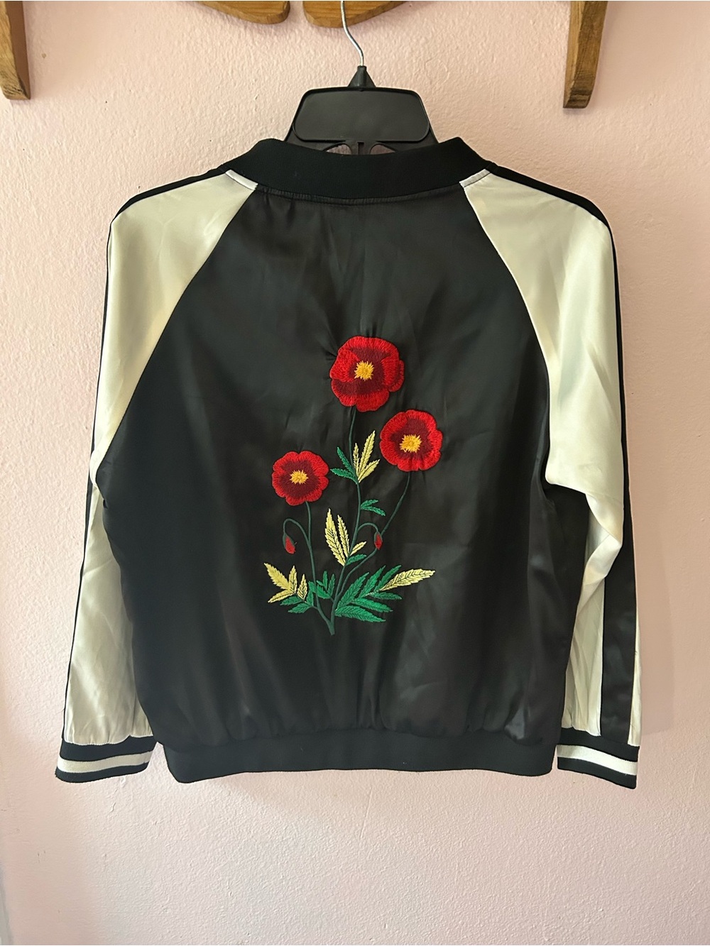 Essue Floral Embroidered Satin Bomber Jacket - Size Small